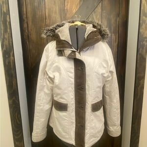 Women's White and Brown Hooded Jacket